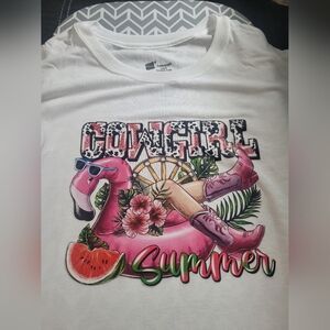 Gildan White and Pink Short Sleeve Tee with Tropical Graphic